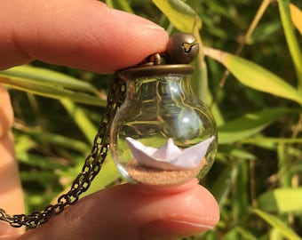 Personalized Paper Boat Necklace – Antique Bronze Glass Sphere – Custom Origami Ocean Gift