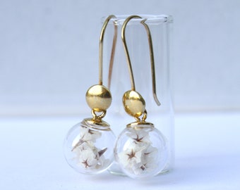 Golden silver earrings with real white flowers, bridal earrings, Christmas gift for her