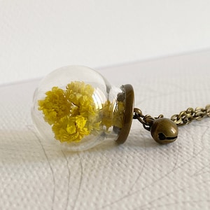 Yellow necklace with real flowers, handmade brass necklace
