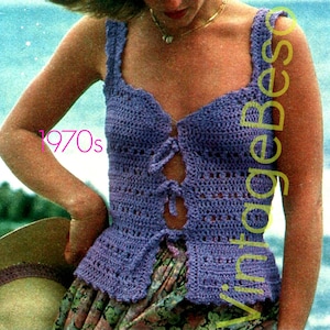 Top Crochet Pattern 1970s Vest Crochet Pattern Boho Clothing Tiny Little Summer Vest Top Pattern Lilac Lace Watermarked PDF Only image 1