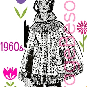 CAPE Crochet Pattern • 1960s Mail Order • Vintage Crochet Pattern Retro Buttoned Cape Collar Arm Slits Fringe Women • Watermarked PDF Only