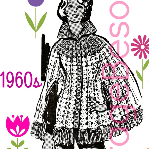 CAPE Crochet Pattern • 1960s Mail Order • Vintage Crochet Pattern Retro Buttoned Cape Collar Arm Slits Fringe Women • Watermarked PDF Only