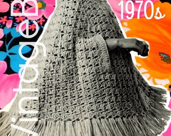 Cape Crochet PATTERN • Vintage 1970s Big SWiNG CAPE • Arm Slits • Shawl Poncho Fringe Shell Stitch Cape Boho Hippie • Watermarked PDF Only