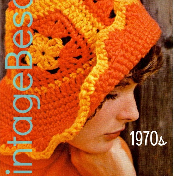 EASY Hat Crochet Pattern 1970s • Beach Hat • Granny Square Floppy Hat Brimmed Cap Quick Sunhat Greta Garbo • Watermarked PDF Only