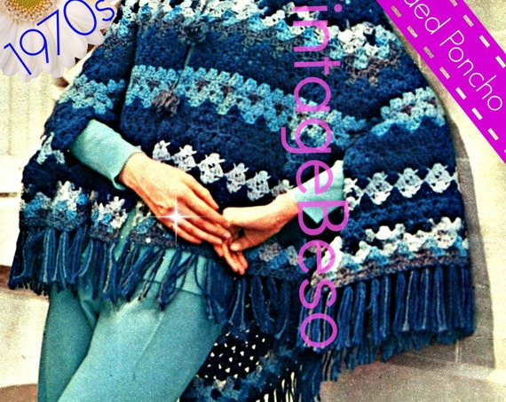 Easy Crochet • HOODED PONCHO CROCHET Pattern • Womens Luxurious 1970s Vintage Shawl Summer Wear • VintageBeso Instant Download • Pdf Pattern