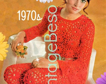 Dress and Pantsuit Crochet Pattern • 1970s Vintage Crochet Pattern • Top Pattern • Sexy Boho Flower Clothing • Watermarked PDF Only