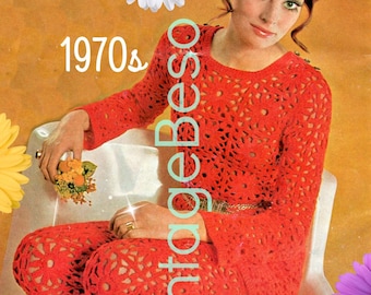 Vintage 1970s Dress and Pants Crochet Pattern • Flower • Watermarked PDF Only