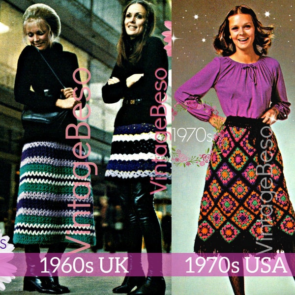 Easy Skirts Crochet Patterns • 1960s and 1970s Vintage Crochet Patterns • UK Crochet Terms and USA Crochet Terms • Watermarked PDF Only