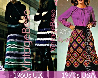 Easy Skirts Crochet Patterns • 1960s and 1970s Vintage Crochet Patterns • UK Crochet Terms and USA Crochet Terms • Watermarked PDF Only