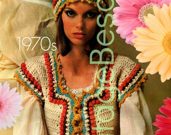 1970s Crochet Vest and Cap Pattern • Bohemian Corselet, Hat (Watermarked PDF)