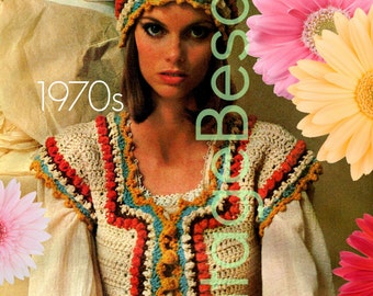 Bohemian Vest + Cap Crochet Pattern • 1970s Boho Hat Bohemian Cap • Vintage Nomadic Corslet Vest Pattern • Watermarked PDF Only