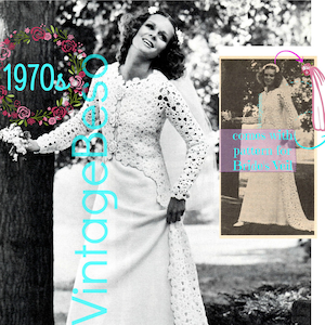 Puede incluir: Un patrón de vestido de novia y velo de crochet vintage de los años 70. El vestido es un vestido largo blanco con un corpiño y una falda de crochet. El velo es una pieza larga de crochet blanco que se une a la parte posterior del vestido.