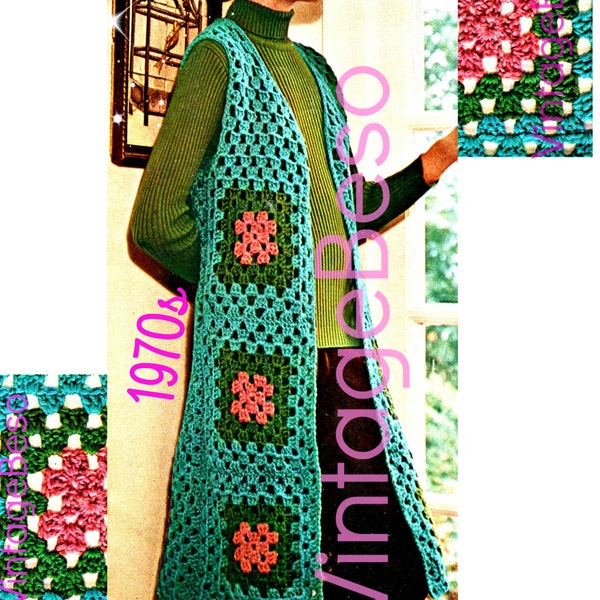 LONG VEST Crochet Pattern • Vintage 1970s • Granny Square Vest • Lightweight • Boho Easy Quick Fun • Jacket • Watermarked PDF Only