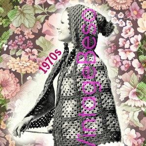 Cape Crochet Pattern • Vintage 70s EASY Hooded Granny Square Cape Crochet Pattern Feminine Cape Any Length • Watermarked PDF Only