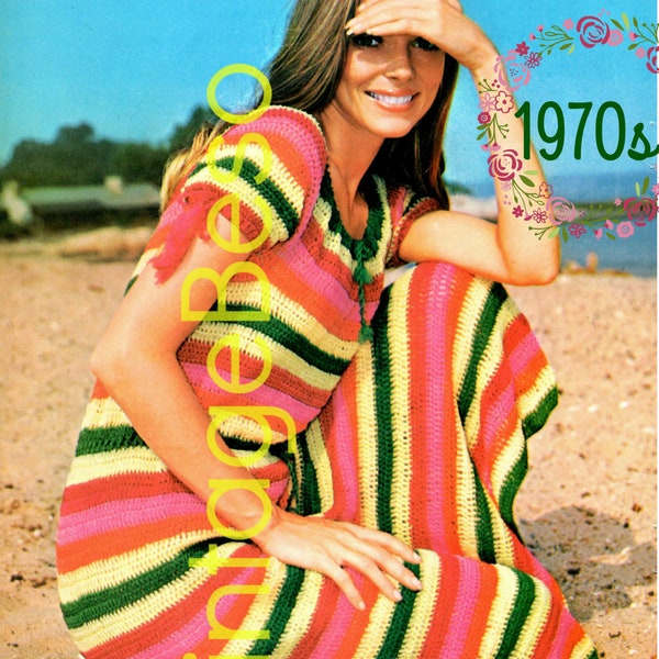 Vintage Crochet Pattern Maxi Dress Sun Stripes Peasant Dress • Ladies Summer Wear • Super EASY Adjust Length • Watermarked PDF Only