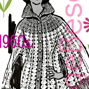 May include: Black and white illustration of a crocheted cape with fringe. The cape has a button closure and a high collar. The illustration is from a 1960s pattern.
