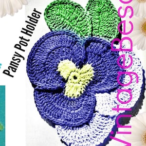 May include: Vintage 1960s crochet flower pot holders in a variety of colours and designs, including a sunflower, pansy, dahlia, and a white flower. The image includes the text "Gay Garden of Pot Holders" and "Vintagebeso".