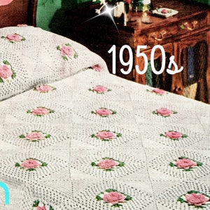 Rose Afghan Crochet Pattern • Vintage 1950s ROSE Bedspread • Popular! • Retro • Granny Square Motif Style • Watermarked PDF Only