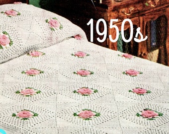 Rose Afghan Crochet Pattern • Vintage 1950s ROSE Bedspread • Popular! • Retro • Granny Square Motif Style • Watermarked PDF Only