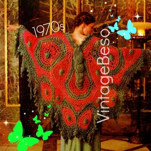 Vintage 1970s Big Butterfly Shawl Crochet Pattern Retro Wrap • Watermarked PDF Only
