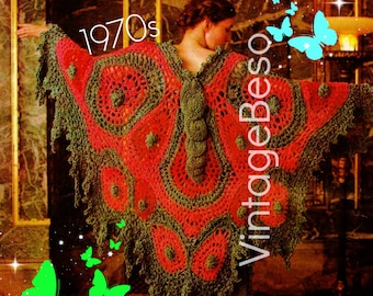 Vintage 1970s Big Butterfly Shawl Crochet Pattern Retro Wrap • Watermarked PDF Only