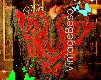 May include: A red and green crochet butterfly shawl with a 1970s vintage aesthetic. The shawl features intricate circular patterns and a scalloped edge. The text "Vintage Beso" is visible on the right side of the image.