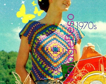 EASY Top Crochet Pattern • Retro 1970s Granny Slip On Crochet Pattern • Crop Top • Diamond • Square • Fun Summer Top • Watermarked PDF Only