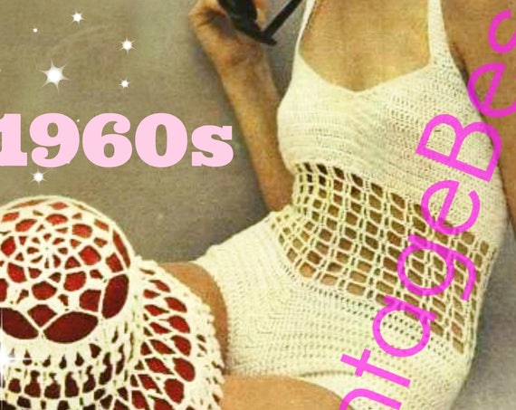 2 PATTERNS • Bathing Suit Crochet Pattern + Hat Cover Pattern • 60s Sexy Swimsuit Maillot Vintage One Piece Swimwear • Watermarked PDF Only
