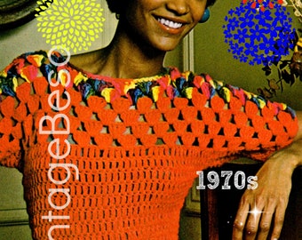 EASY Top Crochet Pattern • Fun Shell Stitch • Beginner Blouse Crochet Pattern • Retro 1970s Sweater Top Pattern • Watermarked PDF Only