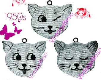 Cat Crochet Potholder • 1950s • Vintage Crochet Pattern • Kitchen Decoration • Crochet Potholder • Crochet Cats • Watermarked PDF Only