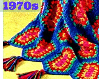 Vintage 1970s Afghan Crochet Pattern • Elongated Hexagonal Granny • Watermarked PDF Only