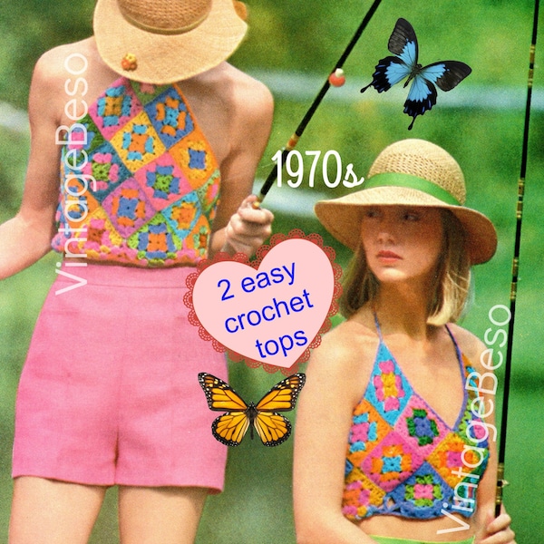 Top Crochet Pattern • Vintage 1970s • Halter Crochet Pattern • Granny Square • Vintage • Boho • Chic • Hippie • Top • Watermarked PDF Only