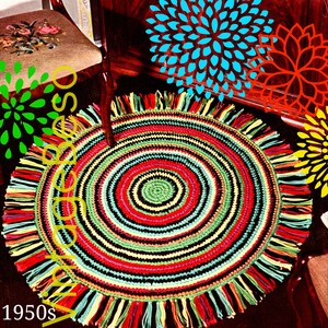 EASY Rug Crochet PATTERN Vintage 1950s Fringed Round Rug • Retro • Whip Up in sc • Vintage Beso • Fringe Area Rug • Watermarked PDF Only