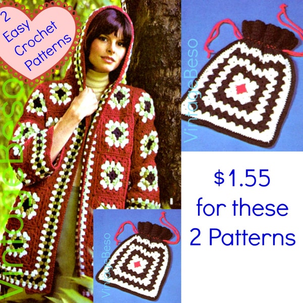 Hooded Jacket Crochet PATTERN • 1970s Coat • Granny Square Sweater • Hippie Sweater + Tote Bag • Hippie Jacket • Watermarked PDF Only