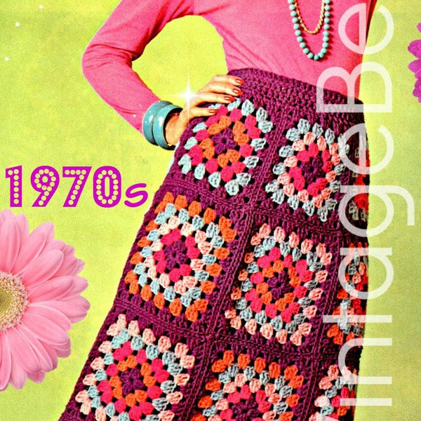 CROCHET SKIRT Pattern • Watermarked PDF Only • 1970s Crochet Pattern Vintage Hostess Granny Square Long Maxi Skirt Boho Bohemian