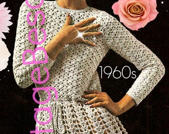 Long Sleeve Dress Crochet Pattern • Vintage 1960s Crochet Dress • VintageBeso • Sexy Mini Dress Crochet Dress Pattern • Watermarked PDF Only