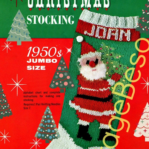 1950s Vintage Knit Pattern • STOCKING • Retro Christmas Knitting • Back has Two Dangling Ornaments • Watermarked PDF Only