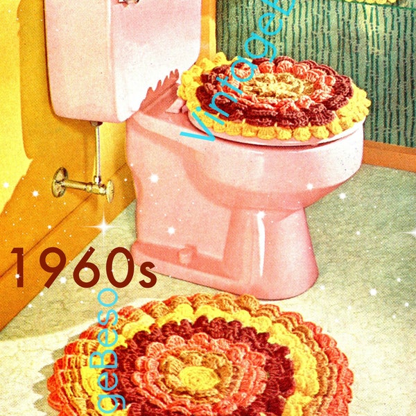 4 Crochet PATTERNs Gay Petal Bathroom Set Toilet Mat Tissue Topper Paper Roll Rug • Vintage Crochet Pattern • Watermarked PDF Only