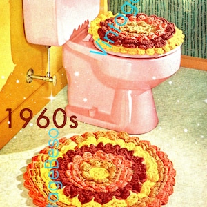 4 piece Bathroom Set Crochet PATTERN Vintage 1960s Gay Petal brighten any bathroom restroom Rug Seat Cover Tp Cover • Watermarked PDF Only