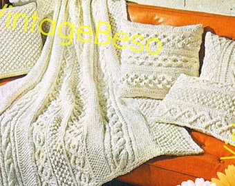 5 Patterns • 1960s KNIT Pattern Aran Afghan Blanket + 4 Pillows: 49" X 65" blanket bed throw coverlet cover Knitting • Watermarked PDF Only