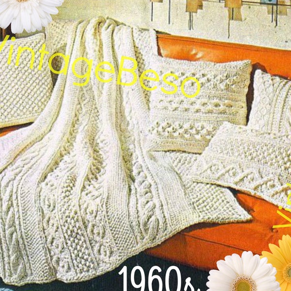 5 Patterns • 1960s KNIT Pattern Aran Afghan Blanket + 4 Pillows: 49" X 65" blanket bed throw coverlet cover Knitting • Watermarked PDF Only