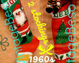 2 Patterns • Knit Christmas STOCKING Patterns • Vintage 1960s "Santa" Stocking and "Tree" Stocking Pattern • Bucilla • Watermarked PDF Only