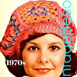 EASY Beret Crochet Pattern • Vintage 1970s • Cap Crochet Pattern • Granny Square Hat • Crochet Pattern • Watermarked PDF Only