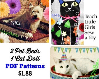3 EASY Patterns: 2 crochet + 1 sew • Cat Bed Crochet Pattern • Vintage 1970s • Pet Bed • Dog Bed Puppy Kitten pillow • Watermarked PDF Only