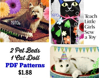 May include: A collage of vintage 1970s crochet patterns for two pet beds and a cat doll. The patterns include a white dog in a brown and white bed, a black cat doll with colourful flowers, and a white cat in a blue and white bed. The text "2 Pet Beds 1 Cat Doll PDF Patterns $1.88" is in the centre of the collage.