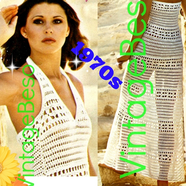 Sexy Backless Maxi Dress Crochet Pattern • Shorten for a Mini Dress or use as Beach Bikini Coverup • Vintage 1970s • Watermarked PDF Only
