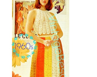 2 Crochet Patterns are TOP + SKIRT Crochet Pattern • 1960s and Vintage Sexy Halter • Worked in Super Fun Shell Stitch • Watermarked PDF Only