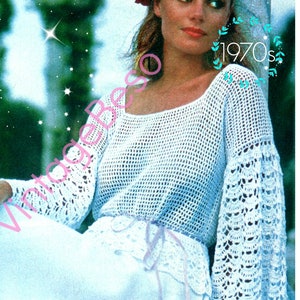 Top Crochet Pattern •  Romantic 1970s Lacy Sleeved Top Crochet Pattern • Boho Clothing • Summer Sleeve Lace • Watermarked PDF Only