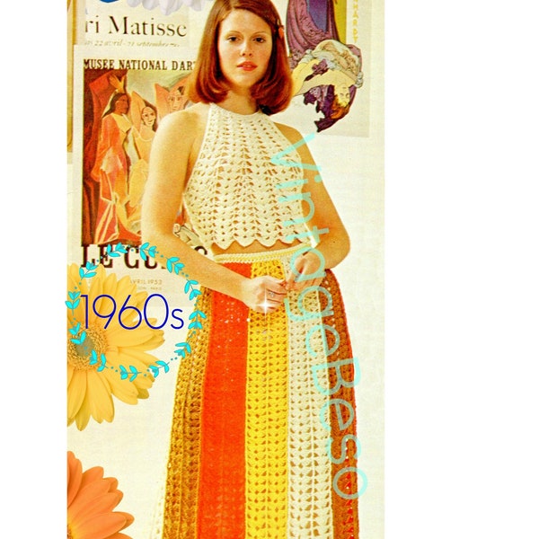 2 Crochet Patterns are TOP + SKIRT Crochet Pattern • 1960s and Vintage Sexy Halter • Worked in Super Fun Shell Stitch • Watermarked PDF Only