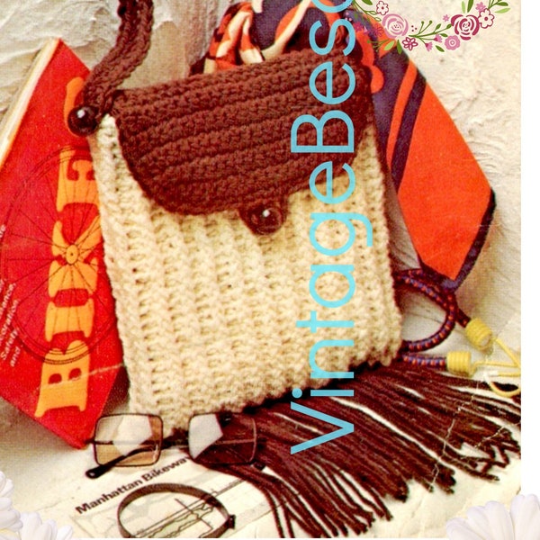 2 EASY BagS Crochet Pattern • 1970s Vintage Bag • Fringed Purse w Flap • Handbag • PDF • Retro Fun Free Tote • Watermarked PDF Only